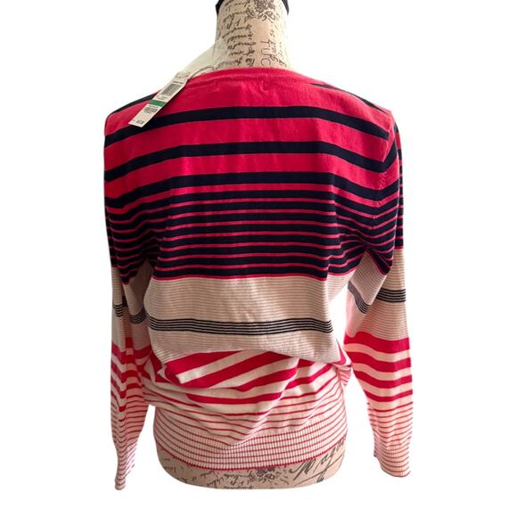 Top Knits Macy's Pink Rosy Sunset Striped Cardigan Sweater Size Large - Picture 2 of 4